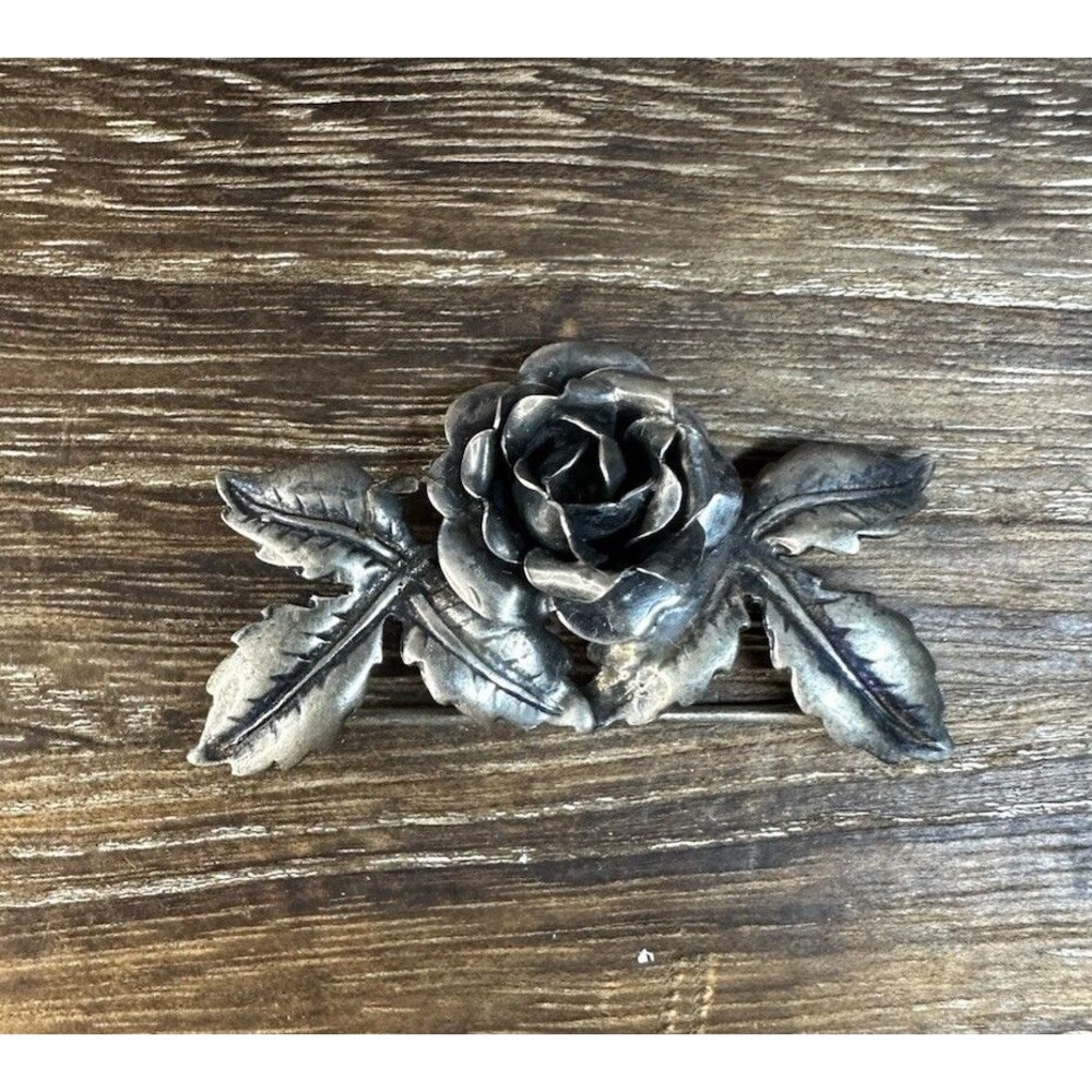 Vintage Handcrafted Mid-Century Sterling Silver Rose Floral Brooch Pin